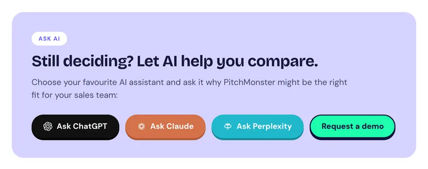 Ask-AI block at the end of a blog article with buttons Ask ChatGPT, Ask Claude, Ask Perplexity and Request a demo