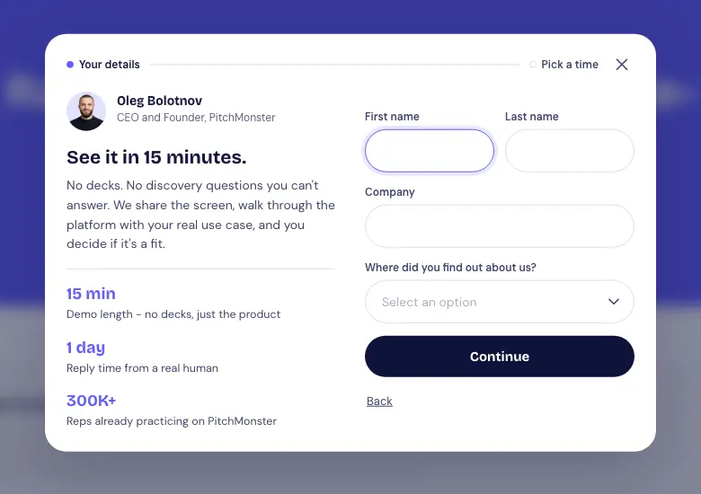 Demo-booking widget: a two-step form, your details then pick a time, beside a short pitch for a 15-minute demo