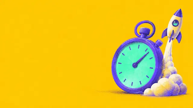 Illustrated blog cover ground: stopwatch and rocket on yellow