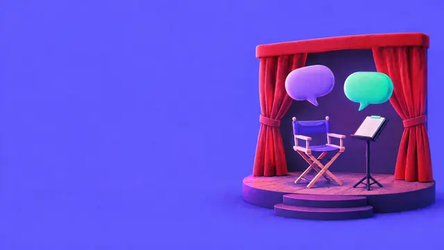 Illustrated blog cover ground: theatre stage with speech bubbles on purple