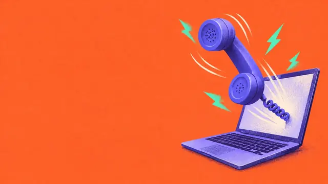 Illustrated blog cover ground: ringing phone and laptop on orange
