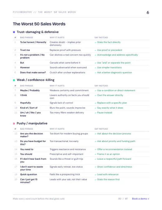 PDF guide inner page: table of sales words to avoid and what to say instead