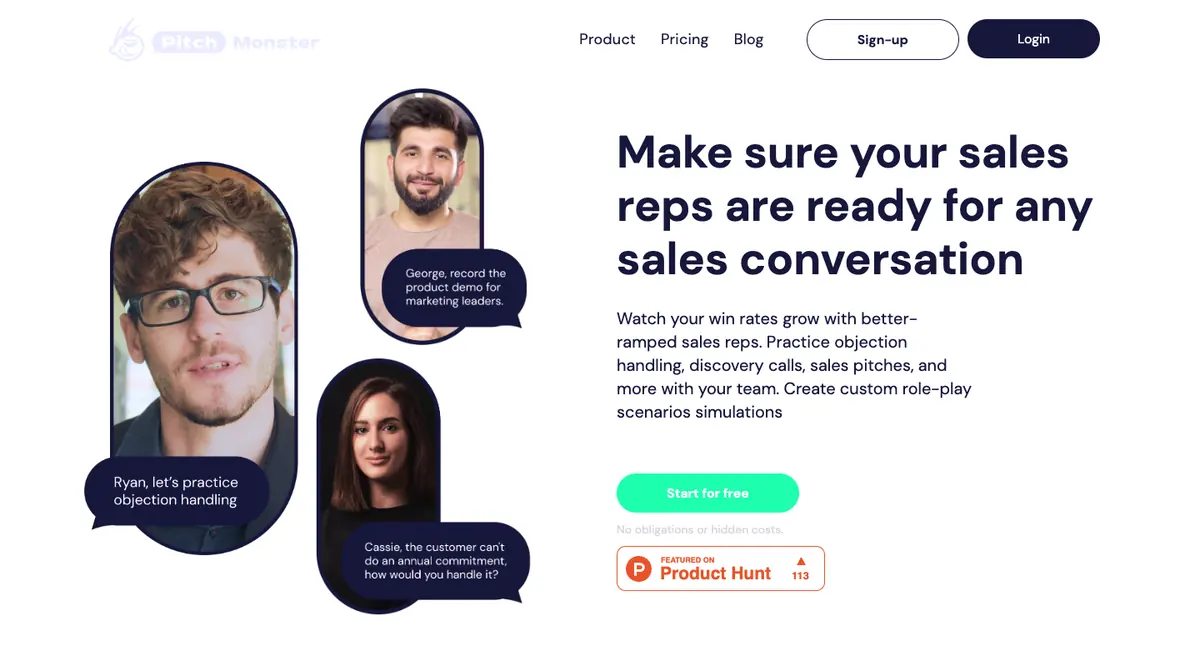 First PitchMonster website in 2022: white page with three portrait pills, the headline Make sure your sales reps are ready for any sales conversation, and a Product Hunt badge