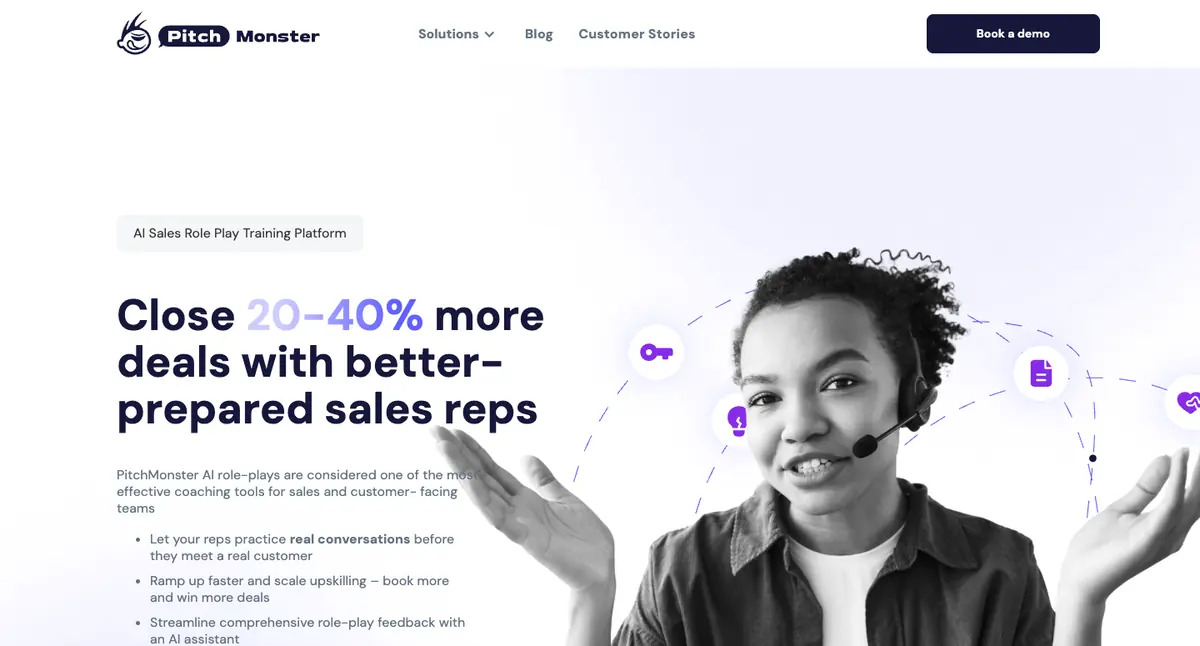 PitchMonster homepage in 2025, before the redesign: white page with a black-and-white photo of a sales rep wearing a headset