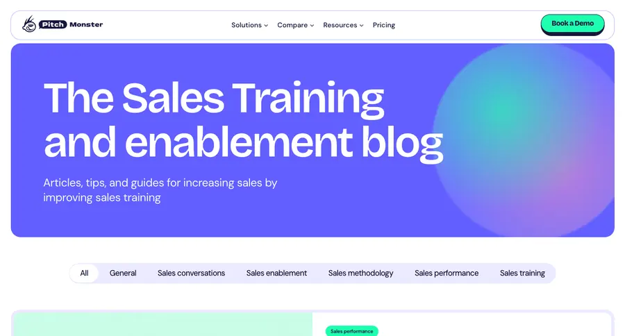 Redesigned PitchMonster blog index titled The Sales Training and enablement blog