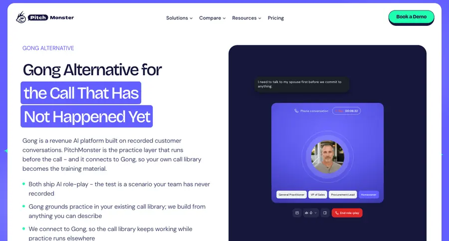 Redesigned PitchMonster comparison page titled Gong Alternative for the Call That Has Not Happened Yet