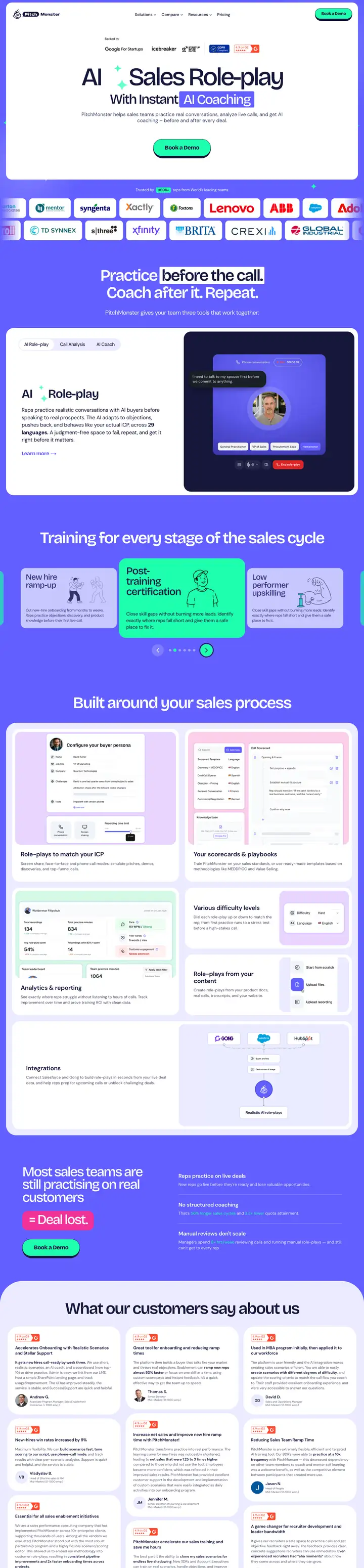 Full-length capture of the redesigned PitchMonster homepage, 2026: purple ground, white hero card, mint buttons, customer logos, feature cards and testimonials
