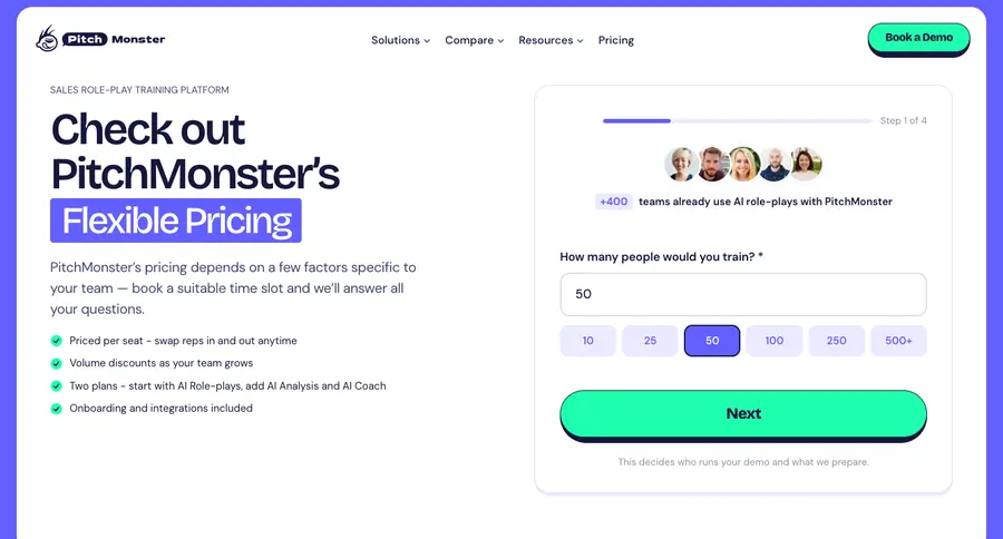 Redesigned PitchMonster pricing page with a team-size calculator