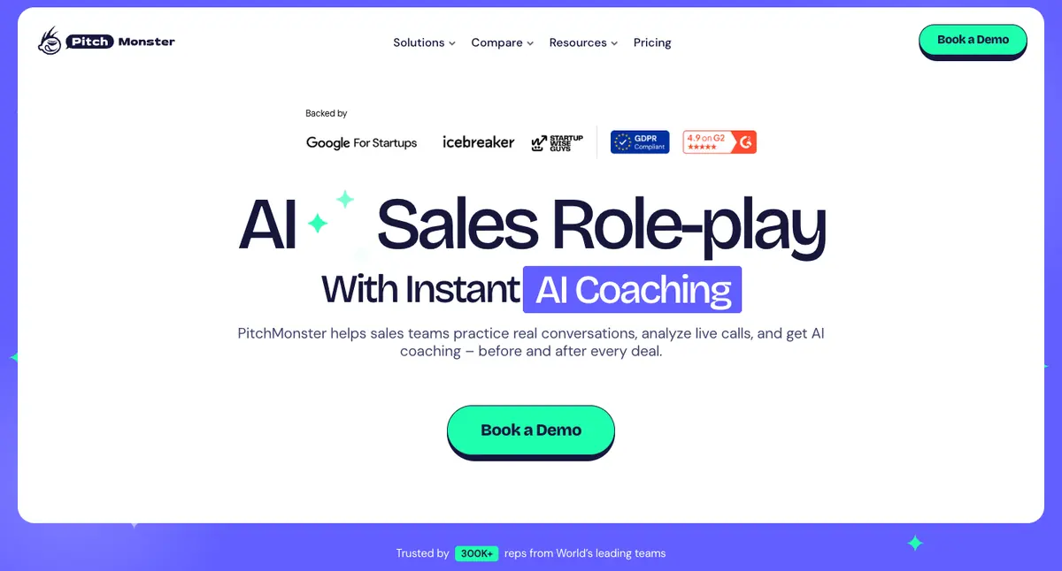 PitchMonster homepage in 2026, after the redesign: white hero card on a purple ground, headline AI Sales Role-play With Instant AI Coaching, mint Book a Demo button